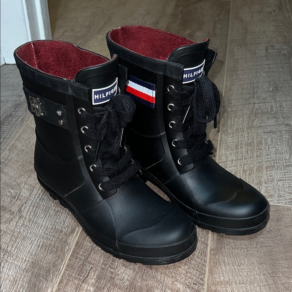Tommy Hilfiger Black Rain Boots with Red Lining